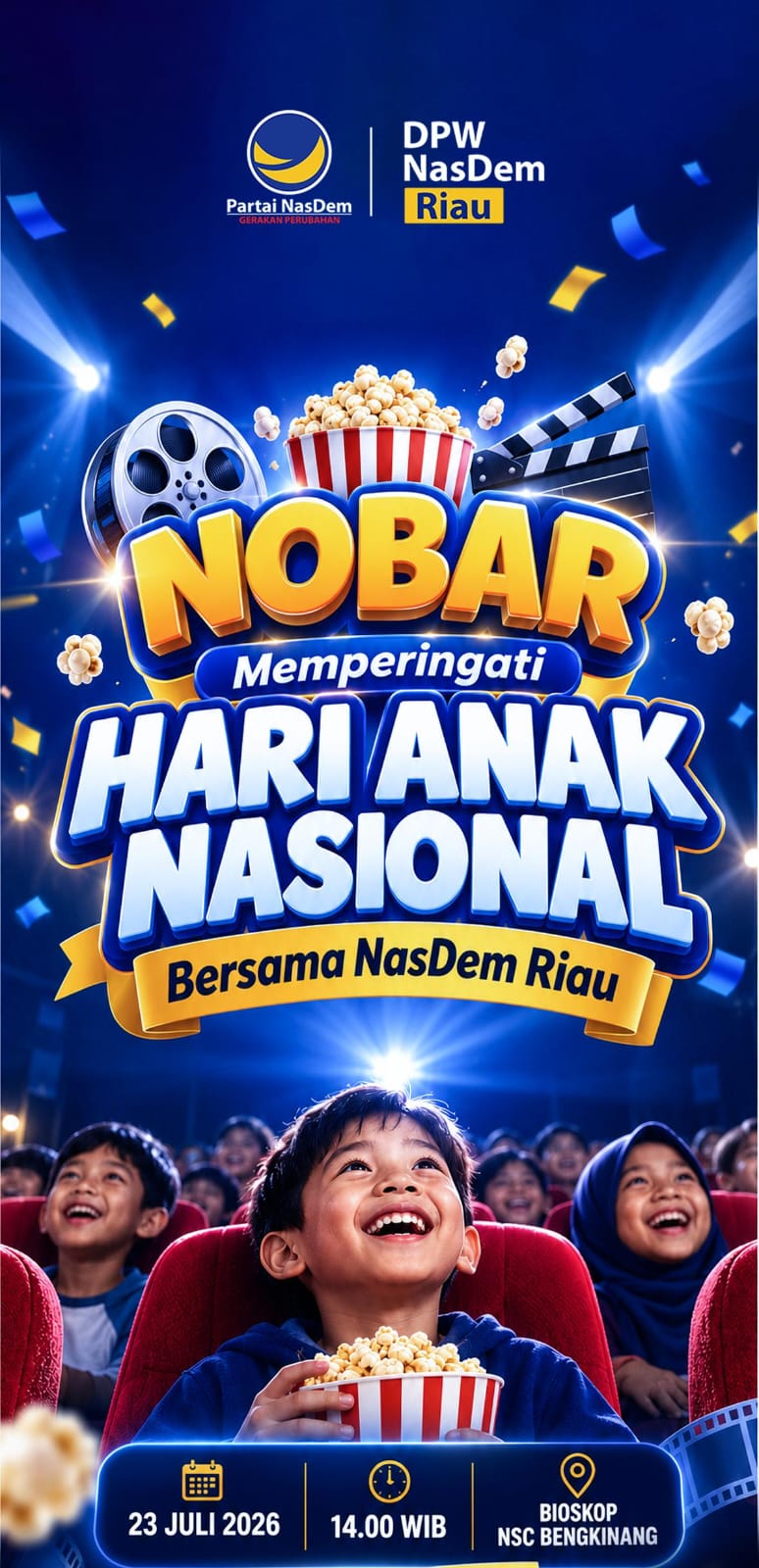 Rayakan Hari Anak Nasional NasDem Riau Bagikan Alquran, Buku dan Nobar  Film 'Children Of Heaven' Bersama 200 Anak di Bangkinang