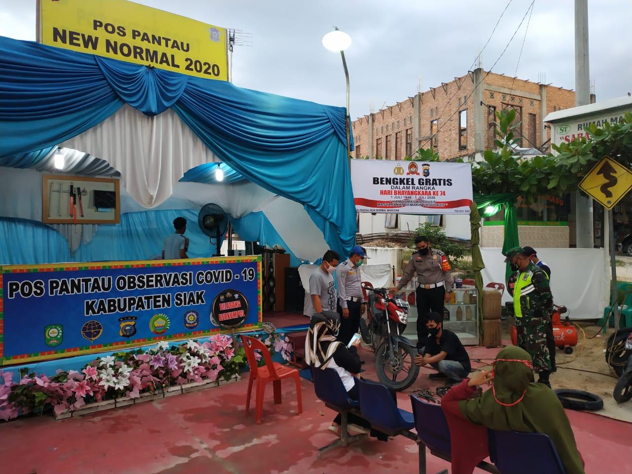 Meriahkan Hari Bhayangkara ke 74, Polres Siak Mengadakan Bengkel Gratis di Pos Pantau New Normal Kampung Tengah Maredan