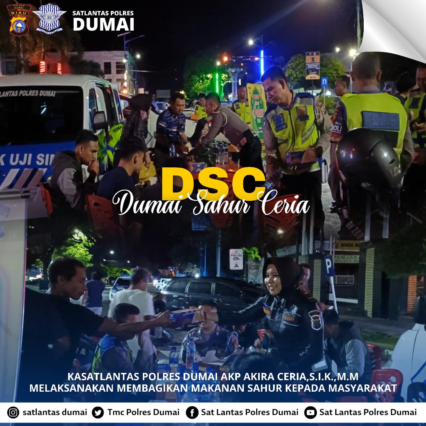 Dumai Sahur Ceria (DSC), Satlantas Polres Dumai Bagikan Puluhan Paket Makanan Siap Santap Bagi Masyarakat Yang Melintas