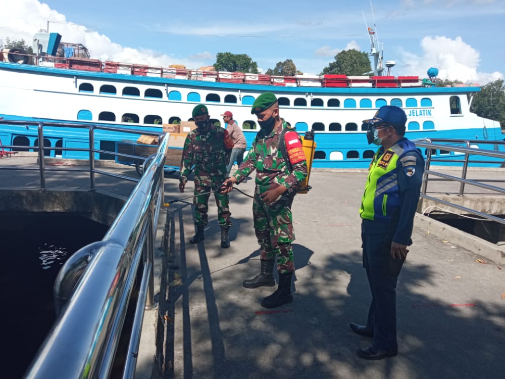 Cegah Penyebaran Covid-19, Babinsa Kodim 0301/Pekanbaru Laksanakan Penyemprotan Disinfektan di Pelabuhan Sei Duku