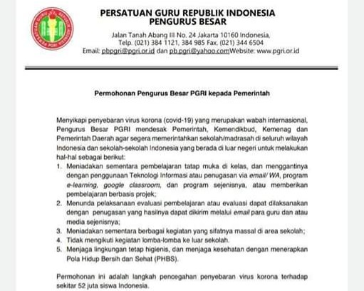 Surat Permohonan Pengurus Besar PGRI Kepada Pemerintah Dalam Pencegahan Penyebaran Covid-19, Ketua PGRI Riau Berharap Guru Tenaga Pendidik dan Tenaga Kependidikan Diliburkan