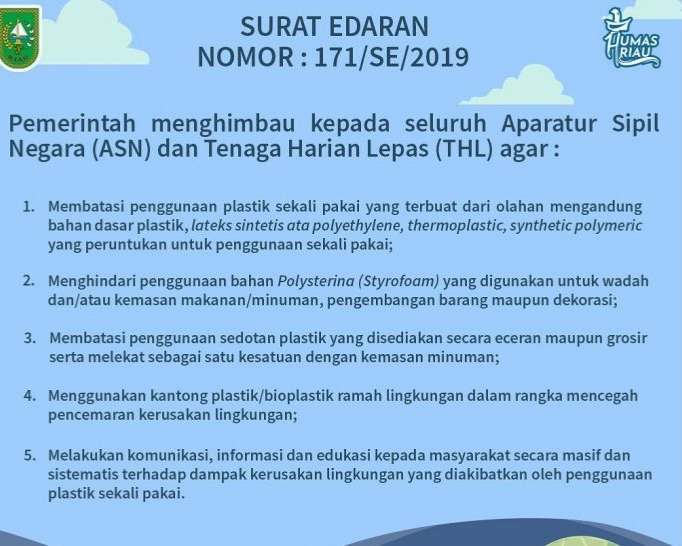 Pemprov Riau Keluarkan Surat Edaran Terkait Upaya Pengendalian dan Pengurangan Sampah Plastik