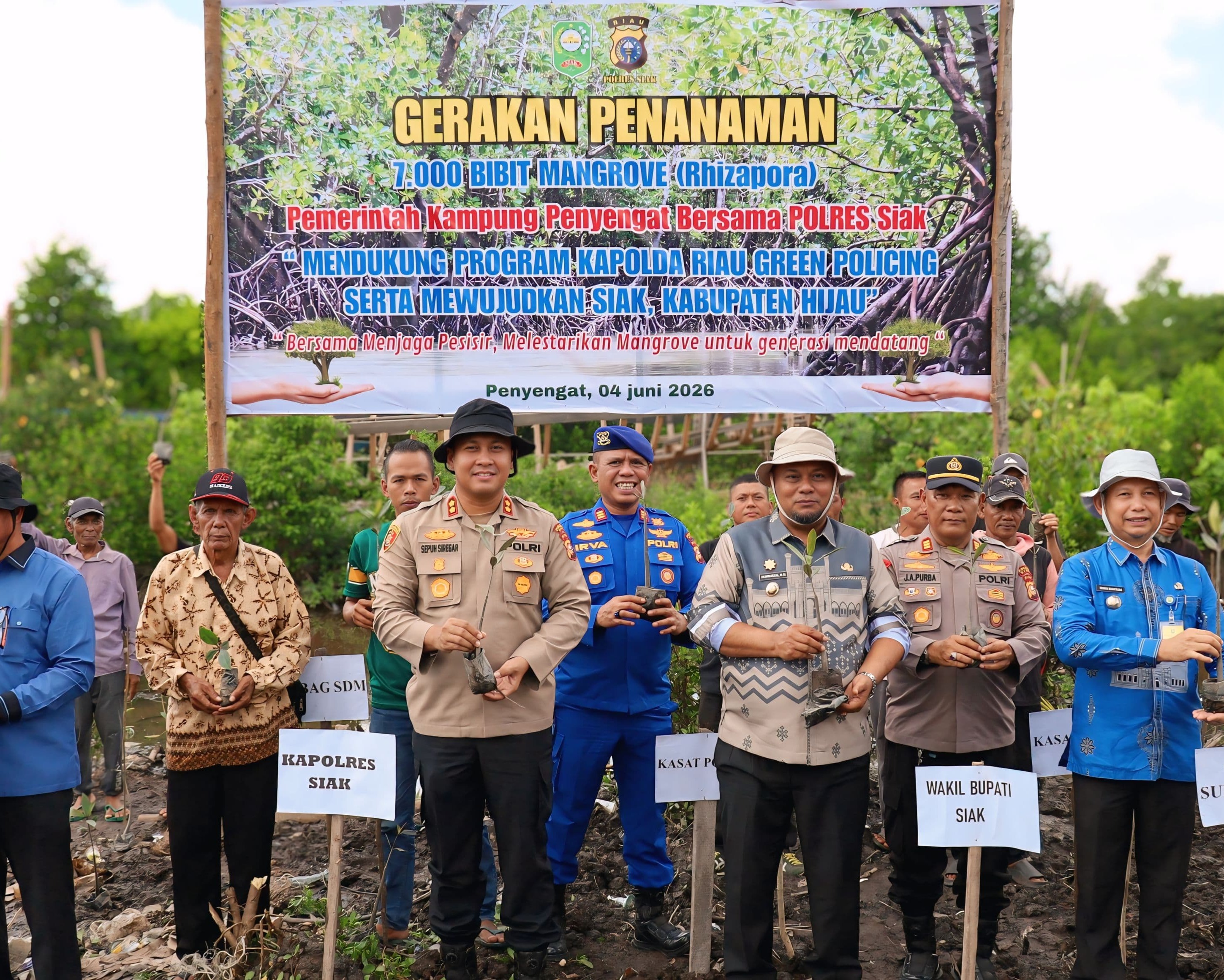 Wujud Nyata Momentum Peringatan Hari Lingkungan Hidup Sedunia, Polres Siak Bersama Pemerintah Kampung Penyengat Tanam 7.000 Bibit Mangrove: 'Melindungi Tuah, Menjaga Marwah'