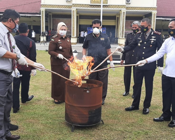 Polres Kampar Musnahkan Barang Bukti 125 Gram Shabu dan 1 Kg Lebih Daun Ganja Kering
