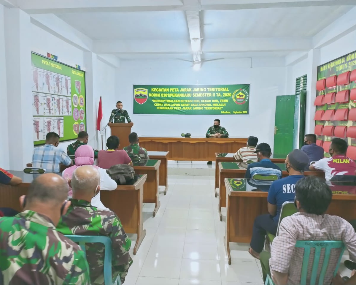 Dandim 0301/PBR Berikan Pengarahan Sosialisasi Peta Jarak Jaring Teritorial Kepada Personil Serta Masyarakat di Koramil 02