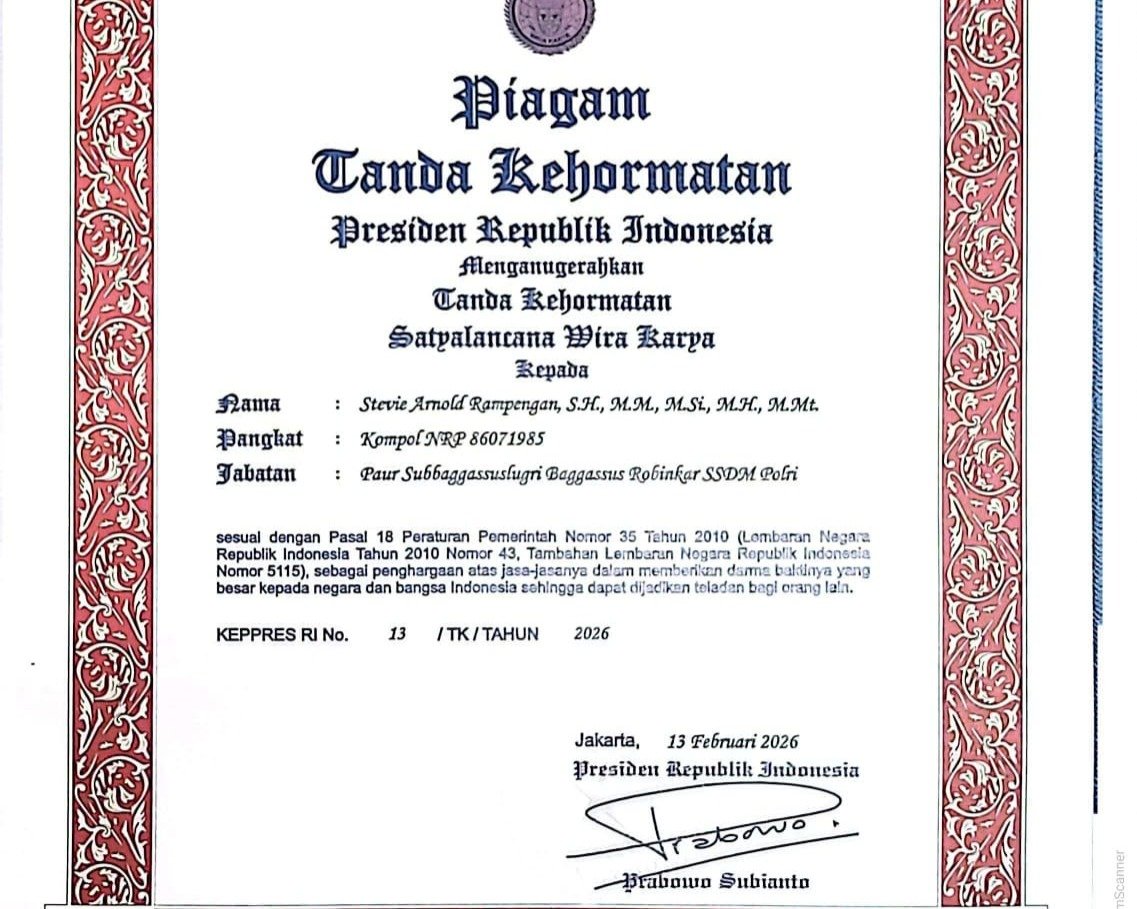 Keren! Kompol Stevie Arnold Rampengan Meraih Tanda Kehormatan Satyalancana Wira Karya Dari Presiden RI Prabowo Subianto, Lengkapi PIN Emas Kapolri